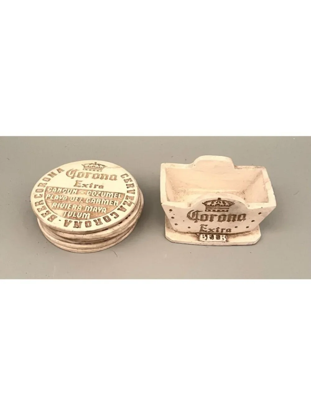 Corona Extra Beer Stoneware Coasters w/ Holder Rustic Barware Ceramic Mexico